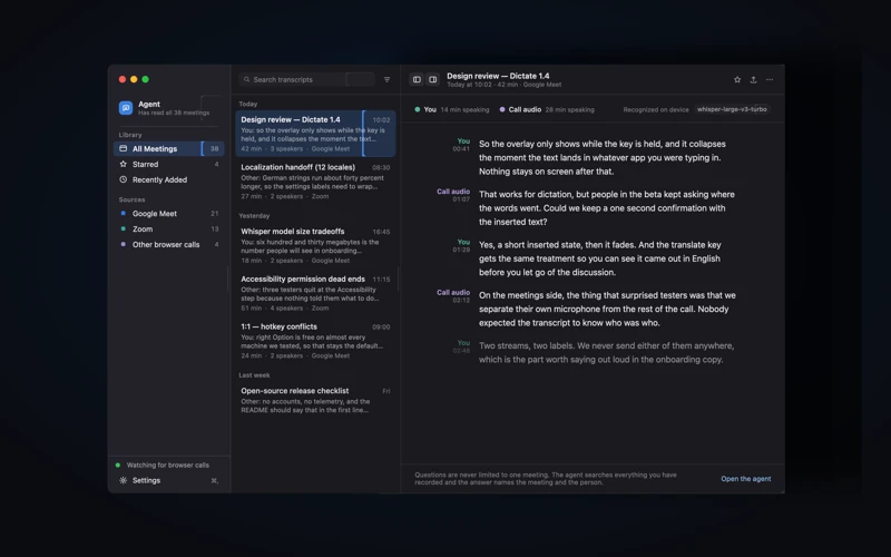 A recorded design review, each turn labeled by speaker, with the whole archive searchable on the left.